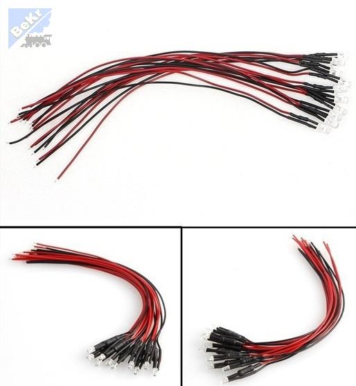 LED 19789 LED dioda kulatá teplá bílá 3 x 5mm s vodiči 20cm a osazeným rezistorem, max. 12V, 1ks