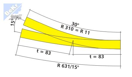 Tillig 83363 IBW výhybka oblouková pravá vodivá srdcovka 15°/R631 mm, 30°/R310 mm