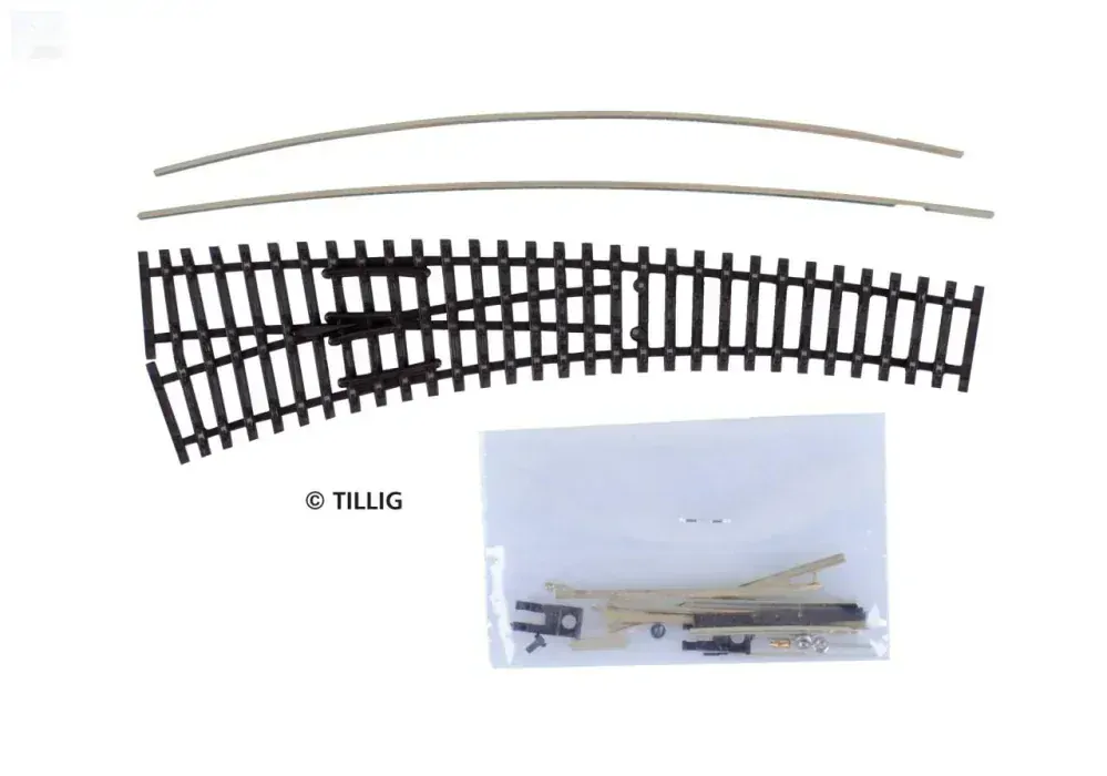 Tillig 83412 IBW levá oblouková výhybka stavebnice, vodivá srdcovka, R631 mm/15°, R310 mm/30°