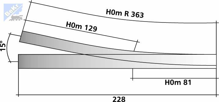 Tillig 85184 Splitková výhybka na dřevěných pražcích levá, 15° ,R 363 mm, délka 228