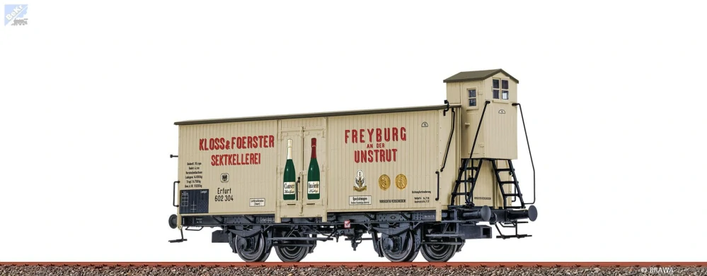 Brawa 51317 Uzavřený 2-osý vůz G s brzdařskou budkou na přepravu sektu "Kloss & Foerster" K.P.E.V.