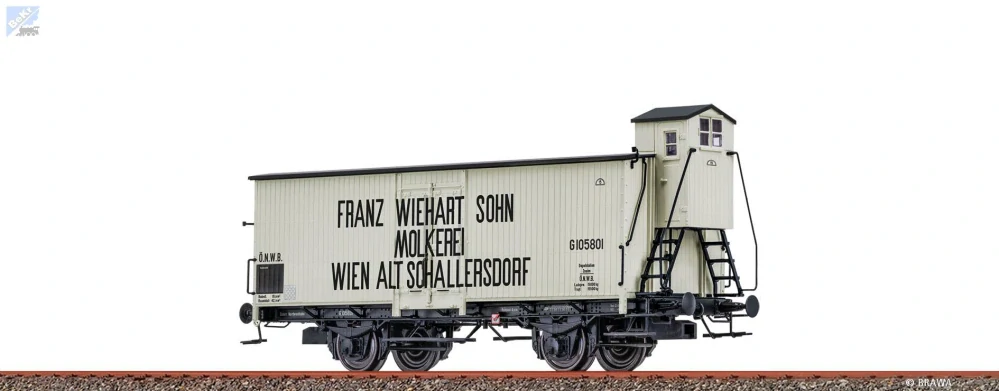 Brawa 51166 Uzavřený 2-osý vůz G10 s brzdařskou budkou "Mlékárna Franz Wiehart Sohn" Ö.N.W.B.