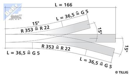 Tillig 83230 Třícestná výhybka 15°/R353 mm, délka 166 mm