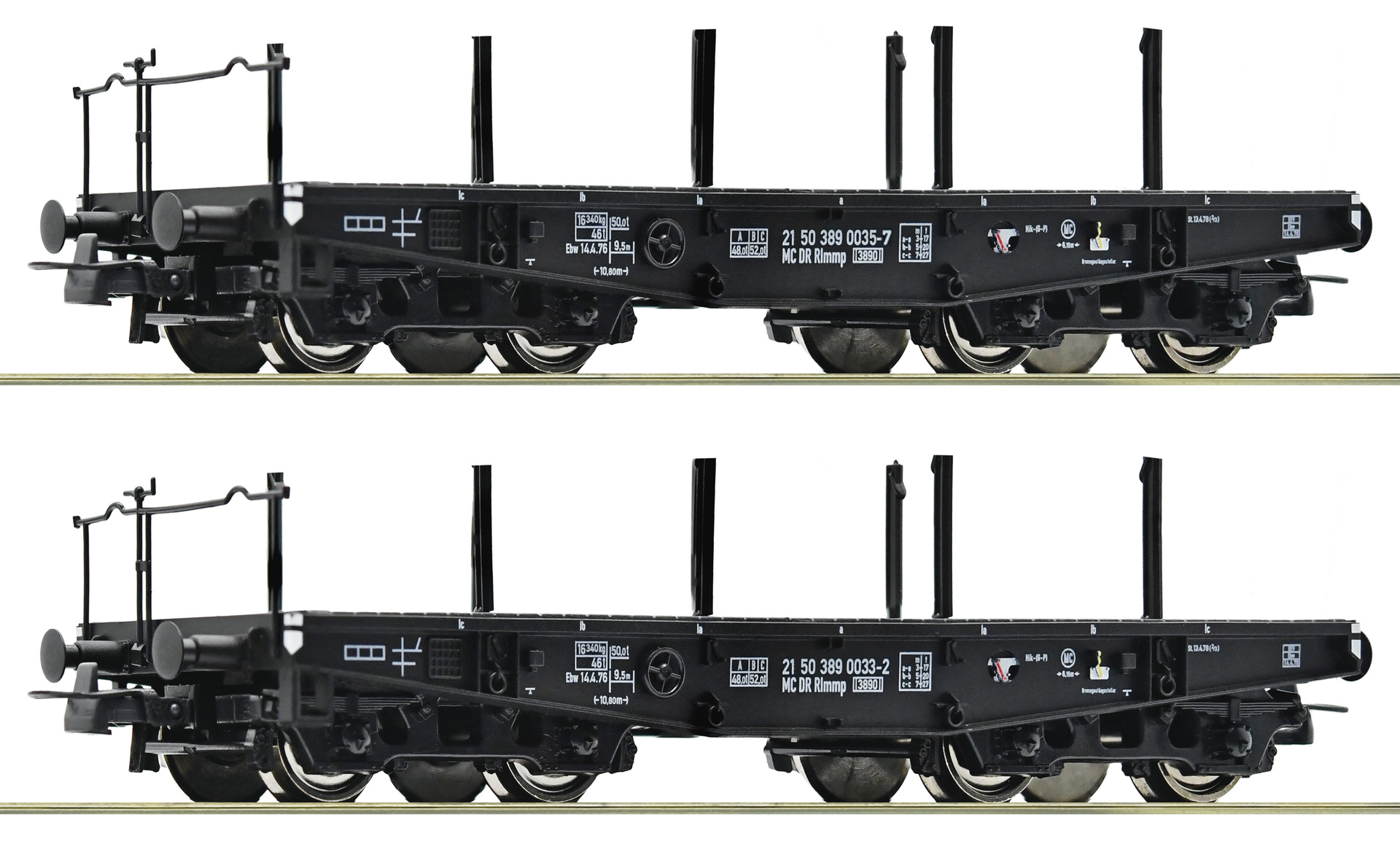 Roco 6600031 Set dvou plošinových 4-osých vůz Rlmmp s klanicemi pro přepravu těžkých nákladů DR