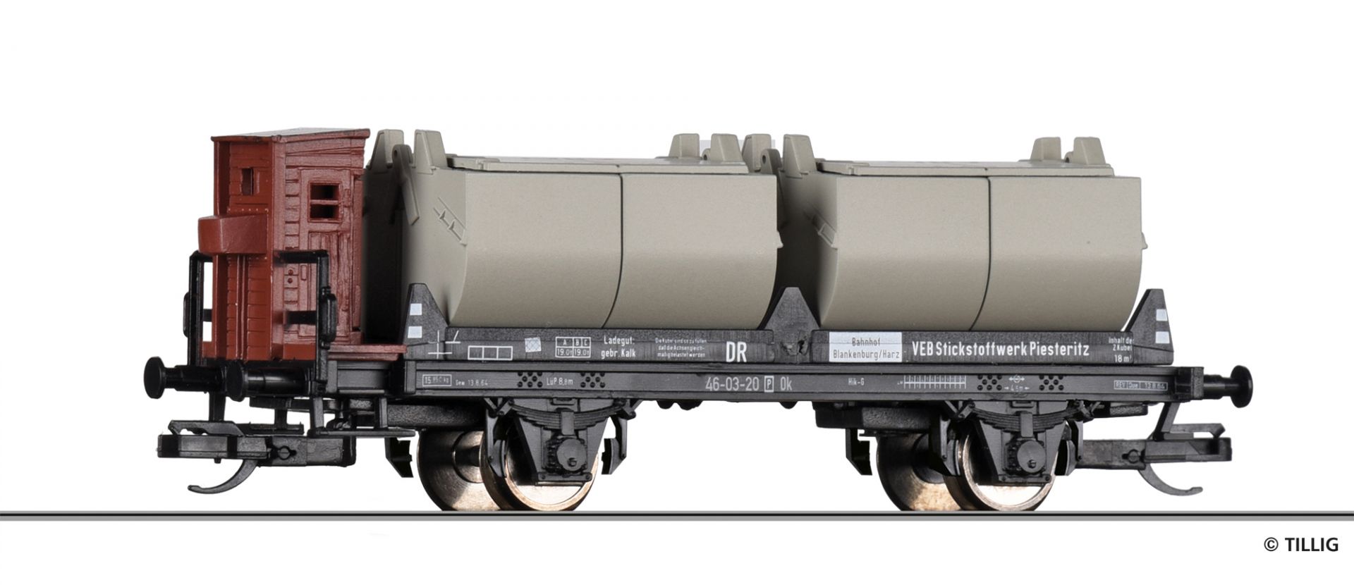 Tillig 14705 Nádobový 2-osý vůz na přepravu vápna s brzdařskou budkou „VEB Nitrogen Works Piesterritz“ DR