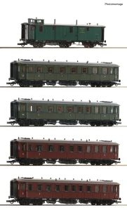 Roco 6200076 Set pěti osobních vozů, skládá se z 1./2. třídy ABBü, vůz 1./2./3. třídy ABCCü, vůz 2./3. třídy BCCü, vůz 3. třídy CCü a zavazadlový vůz, Gep.