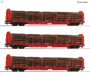Roco 6600318 Set tří 4-osých plošinových vozů Rnoos s vysokými čely klanicemi  a nákladem kulatiny On Rail  D-DRME
