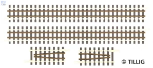 Tillig 01840 Set rovných kolejí na dřevěných pražcích s oboustrannou přídržnicí, délka 415 mm.
