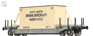Brawa 47915 Hlubinový 4-osý vůz P s nákladem  přepravní dřevěné bedny "Brown Boveri & Cie" SBB model z kovu