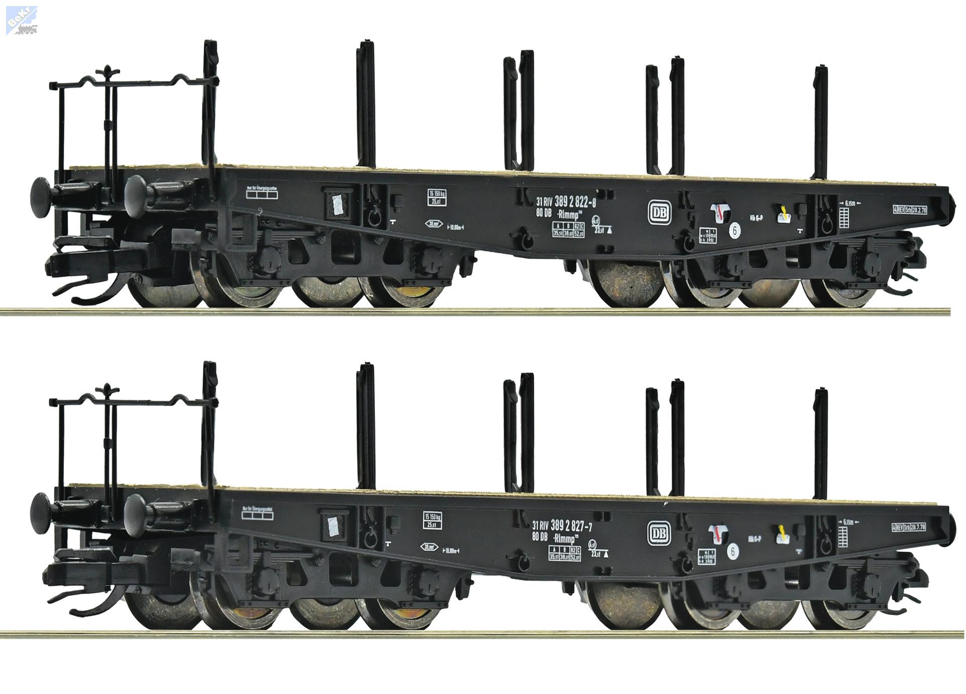 Roco 6680028 Set dvou plošinových 4-osých vozů Rlmmp s klanicemi DB