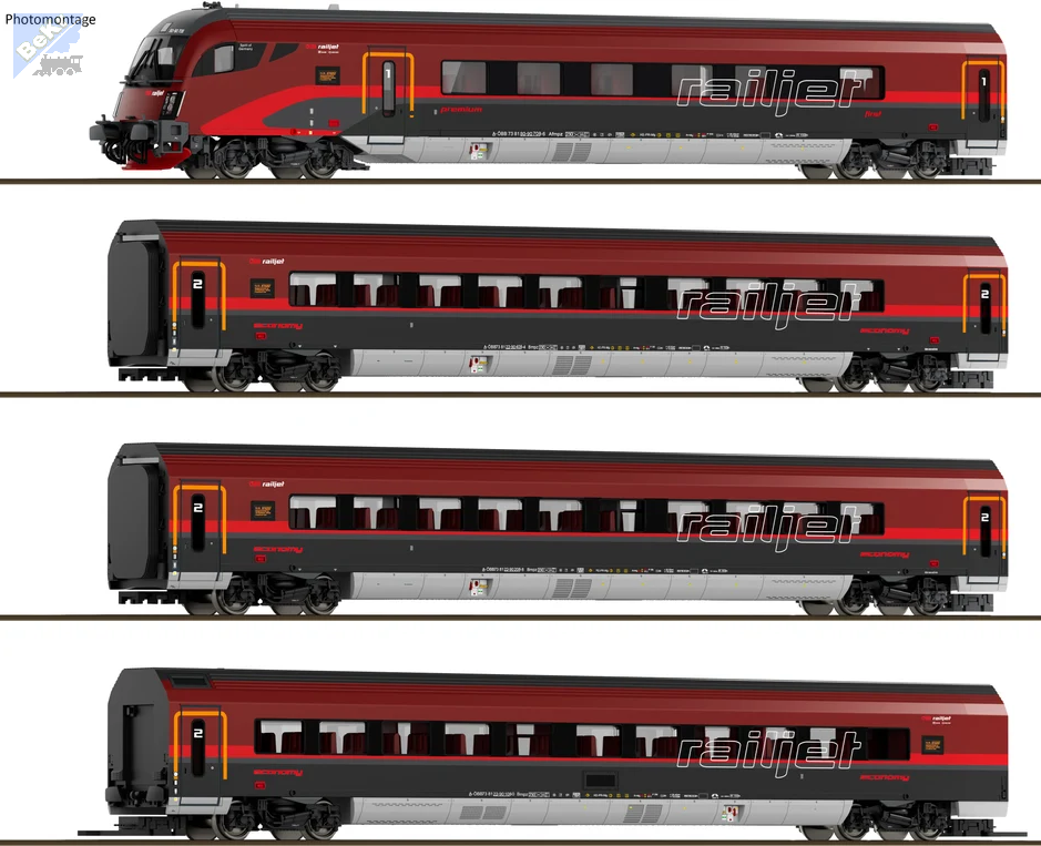 Saxonia Modellbau 120301 Set čtyř vložených 4-osých vozů 2x Bmpz, 1x Bmpz, + řídící vůz 1x Afmpz RajlJet ÖBB