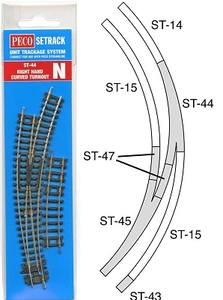 Peco ST44 Oblouková výhybka pravá R 298,5/R 259 mm, izolovaná srdcovka, 2ks vyrovnávací koleje