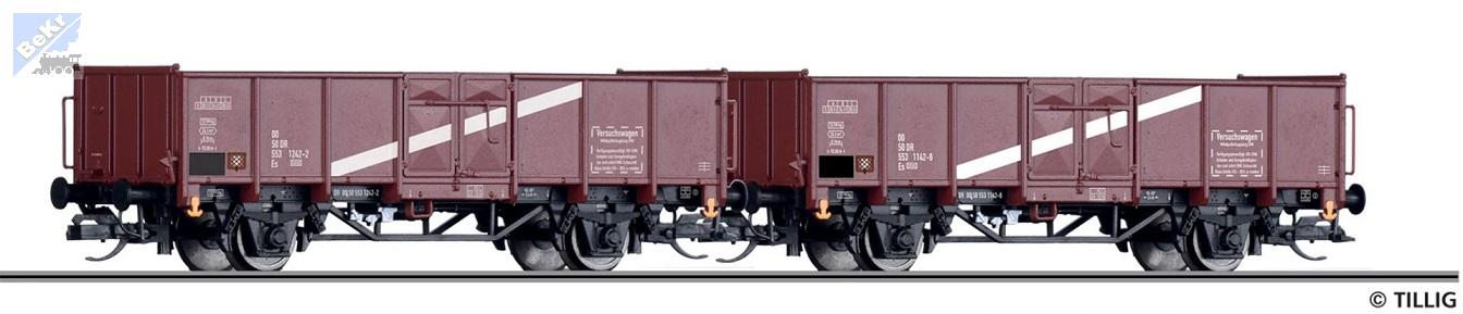 Tillig 01027 Set dvou 2-osých otevřených vozů Es „Coupling Experimental Car“ ("Testovací vůz spojky") DR