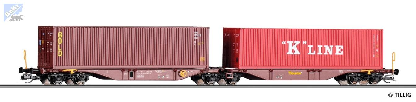Tillig 18070 Dvoudilný kontejnerový 6-osý vůz Sggmrss ložený dvěma kontejnery GOLD a K LINE Touax GLOBAL RAIL SERVICES