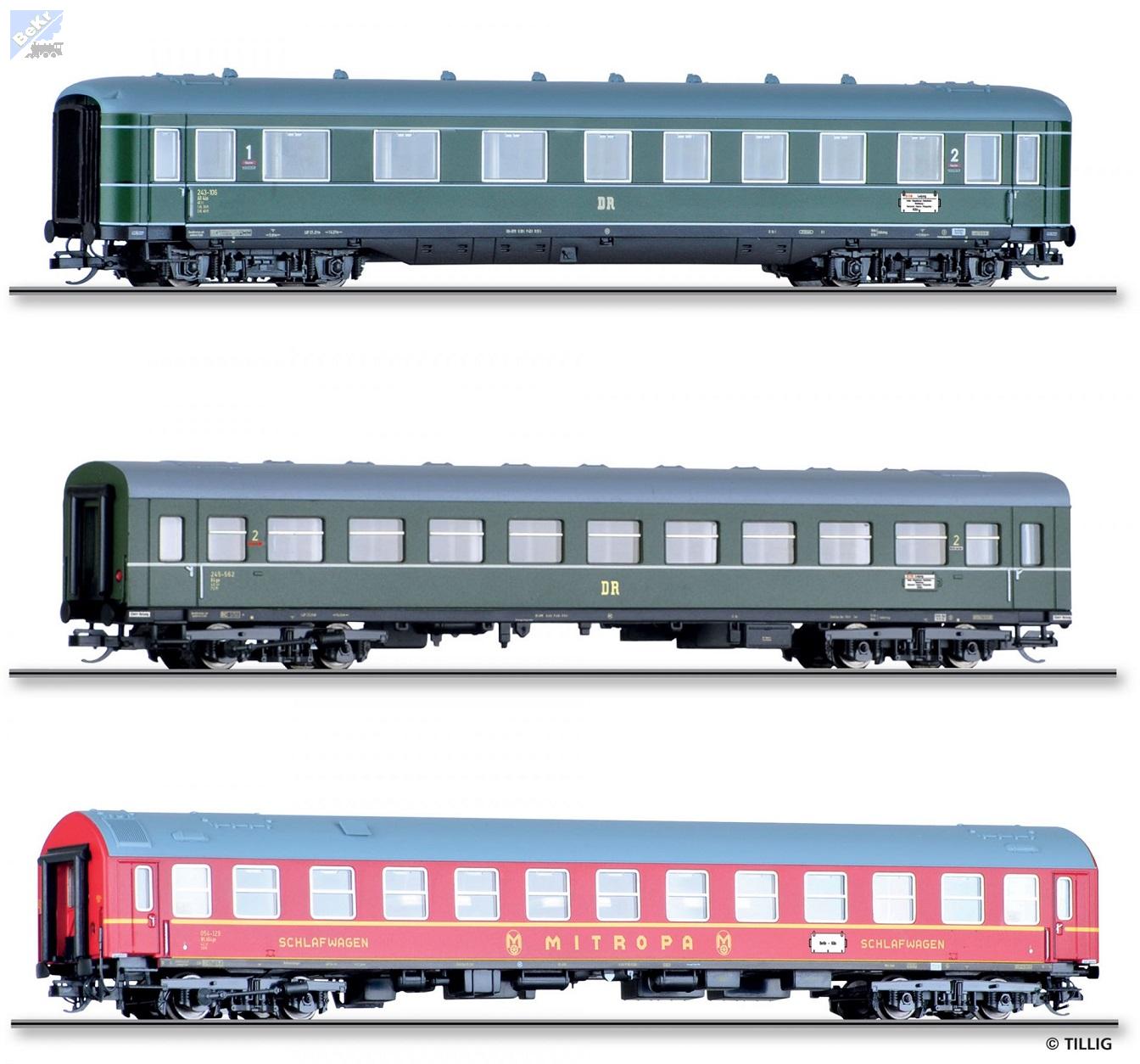 Tillig 01068 Set tří osobních 4-osých vozů 2. tř. B4ge, 1./2 AB4üe, WLAB4ge, "D 118 Leipzig-Köln" DR
