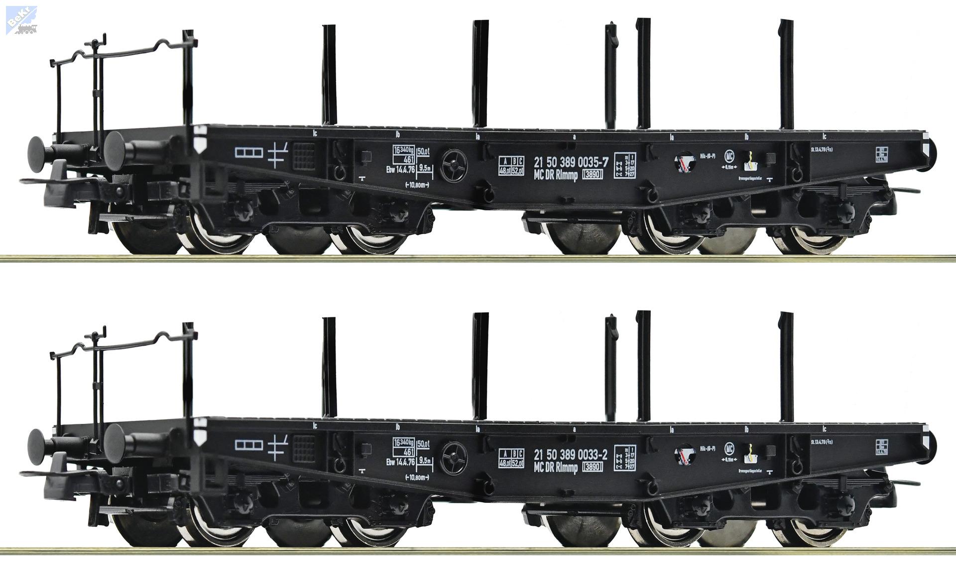 Roco 6600031 Set dvou plošinových 4-osých vůz Rlmmp s klanicemi pro přepravu těžkých nákladů DR