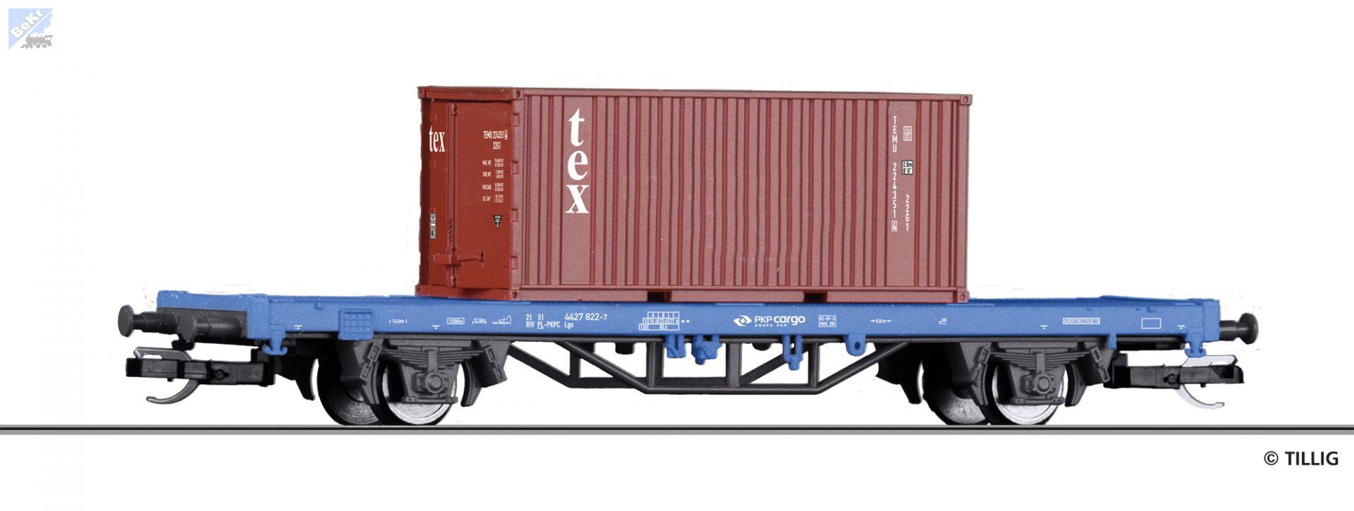Tillig 17481 Plošinový, kontejnerový 2-osý vůz Lgs ložený kontejnerem tex PKP Cargo
