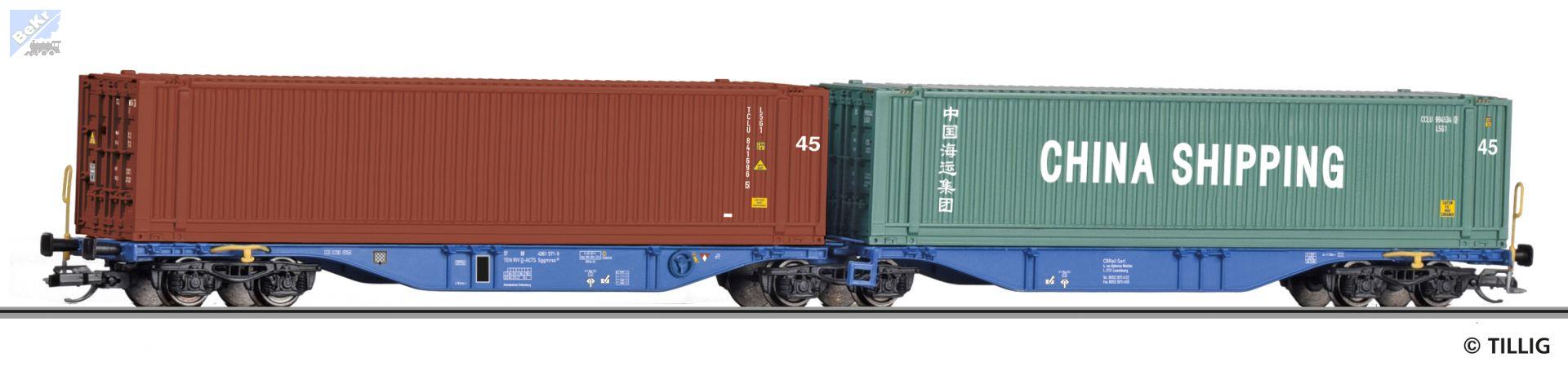 Tillig 18073 Dvoudilný kontejnerový 6-osý vůz Sggmrss ložený dvěma kontejnery TCLU a CHINA SHIPPING D - ACTS