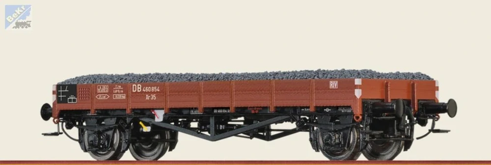Brawa 49358 Plošinový 2-osý vůz Xr35 s nízkými bočnicemi ložený štěrkem DB