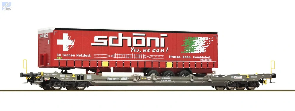 Roco 6600065 Plošinový 4-osý vozů Sdgnss/T5 ložený návěsem od přepravní společnosti Schöni HUPAC