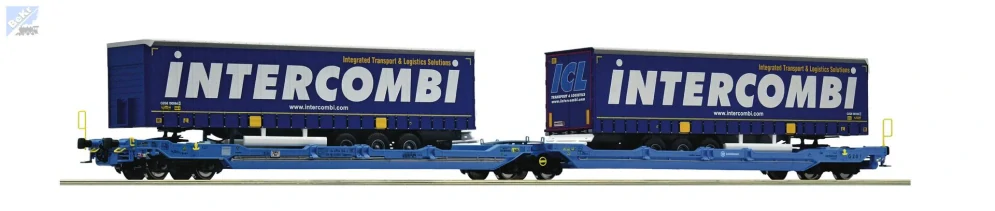 Roco 6600035 Set dvou kontejnerových vozů Sdggmrs 738/T3000e ložený dvěma nákladními návěsy od speditéra Intercombi Logistics, EUROWAGON, NL - EUWAG
