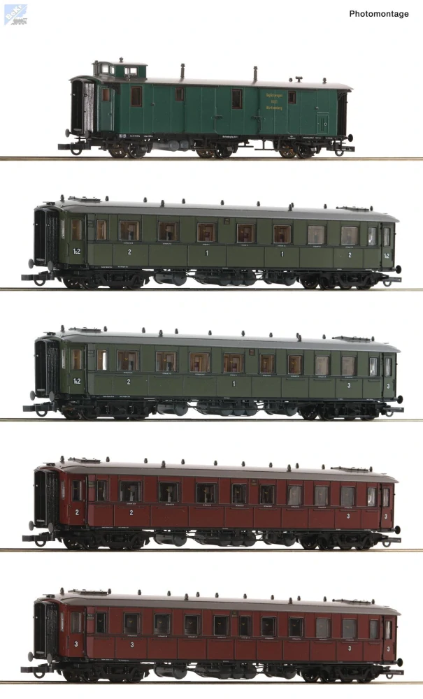 Roco 6200076 Set pěti osobních vozů, skládá se z 1./2. třídy ABBü, vůz 1./2./3. třídy ABCCü, vůz 2./3. třídy BCCü, vůz 3. třídy CCü a zavazadlový vůz, Gep.