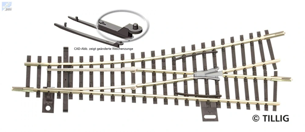Tillig 83329 EW 1 výhybka rovná levá s vodivou srdcovkou 15°/R353mm, délka 129,5 mm