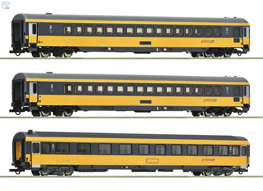 Roco 6200082 Set tří 4-osých osobních vozů 2. tř., ABmz, Bmpvz/Bpwmz (ex DB Apmz) RegioJet CZ - RJ