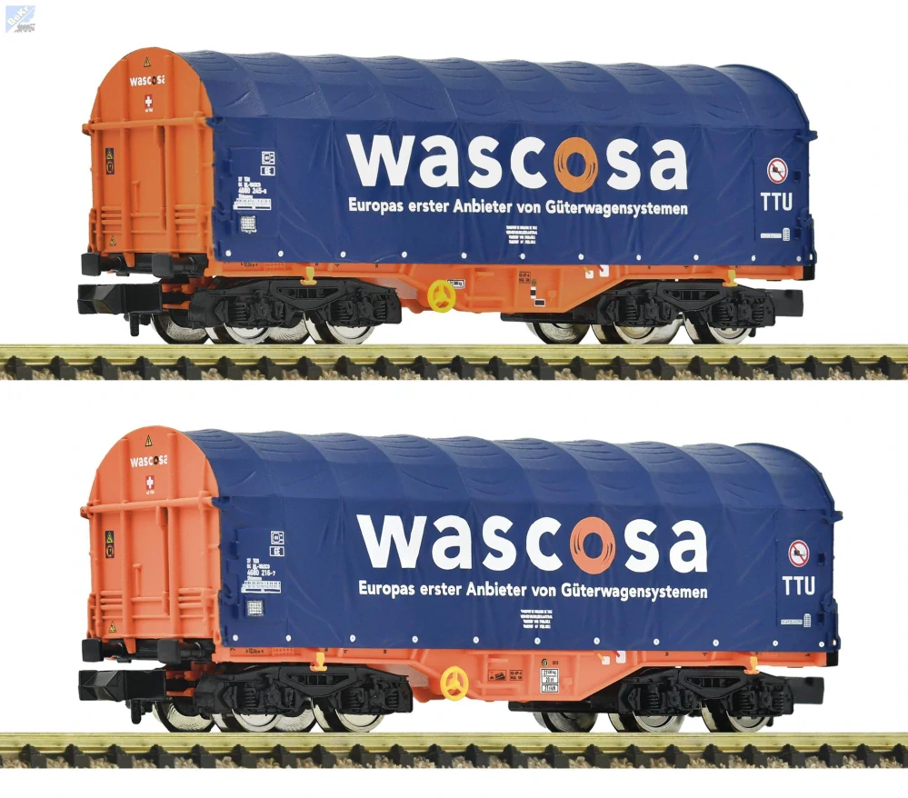 Fleischmann 6660105 Set dvou plachtových 4-osých vozů Shimmns s posuvnou plachtou Wascosa