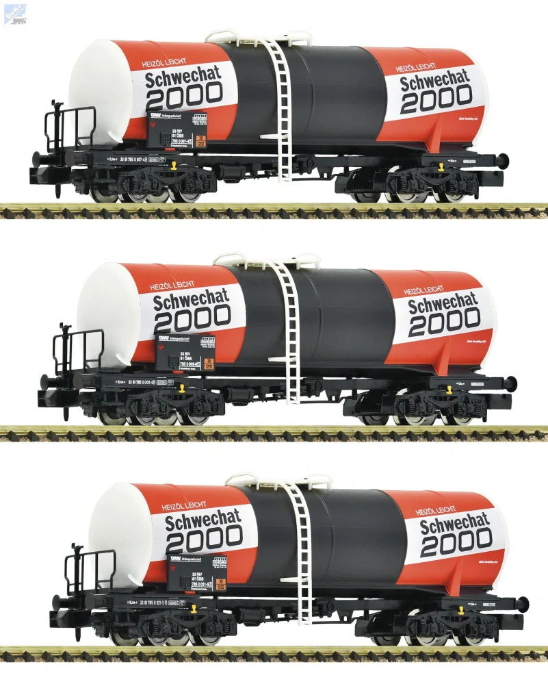 Fleischmann 6660073 Set tří kotlových 4-osých vozů Uahs (Zas od roku 1980) „ÖMV“ Schwechat 2000 ÖBB
