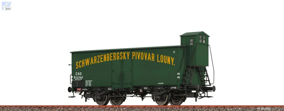 Brawa 51212 Uzavřený 2-osý vůz Gb s brzdařskou budkou na přepravu piva "Schwarzenbergsky Pivovar Louny" ČSD