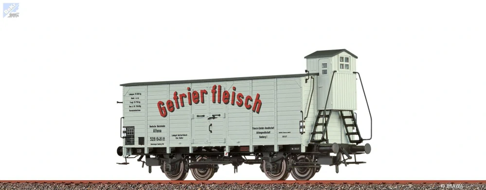 Brawa 51213 Uzavřený 2-osý vůz G s brzdařskou budkou "Mražené maso Hamburg Altona" DRG