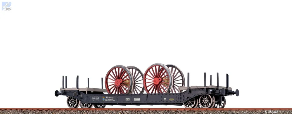 Brawa 47918 Hlubinový 4-osý vůz SSm s nákladem dvojkolí parní lokomotivy "S2/6 " K.Bay.Sts.B. model z kovu