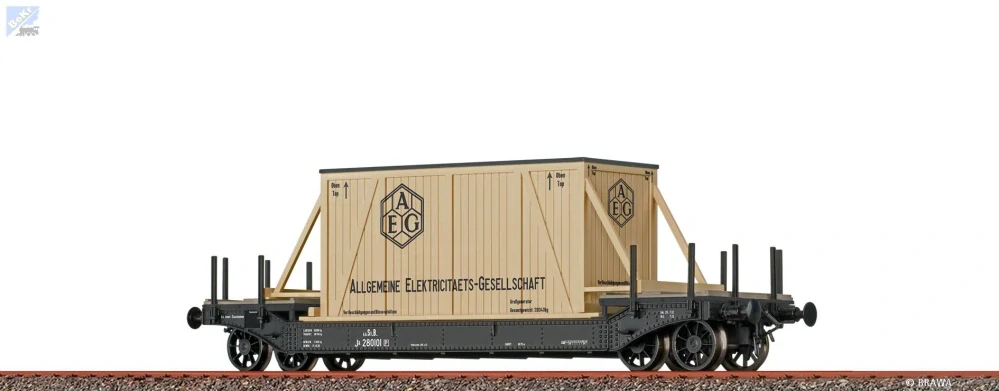 Brawa 47916 Hlubinový 4-osý vůz Ano s nákladem přepravní dřevěné bedny AEG "AEG" k.k.St.B. model z kovu