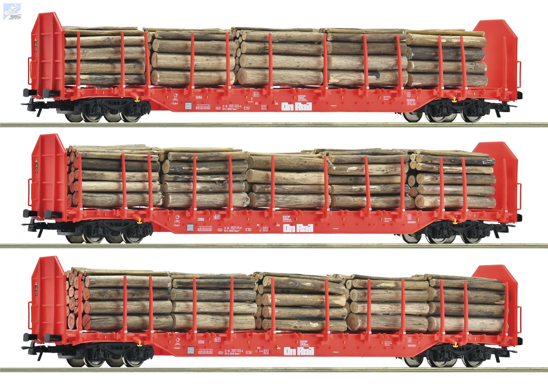 Roco 6600318 Set tří 4-osých plošinových vozů Rnoos s vysokými čely klanicemi  a nákladem kulatiny On Rail  D-DRME