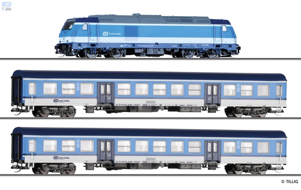 Tillig 01506 Analogový startset s dieselovou lokomotivou 762 003-2 "TRAXX" a třemi osobními vozy Bdmtee Halberstadt ČD