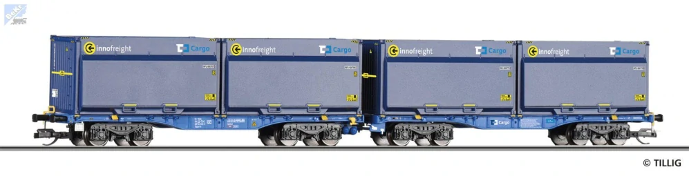 Tillig 15085 Dvoudilný kontejnerový 6-osý vůz Sggno "InnoWaggon XXL" ložený čtyřmi kontejnery na štěpku ČD Cargo