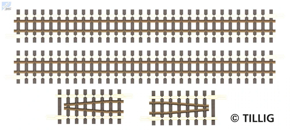 Tillig 01840 Set rovných kolejí na dřevěných pražcích s oboustrannou přídržnicí, délka 415 mm.
