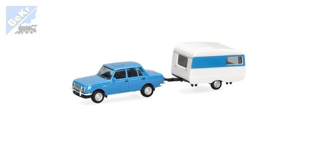 Herpa 028585-002 Wartburg 353 '82 Limuzína, nebesky modrá s obytným přívěsem modro býlím