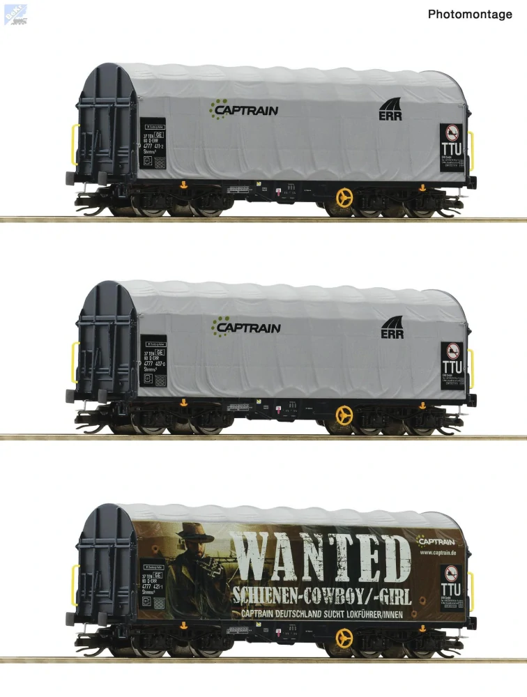 Roco 6680023 Set tří plachtových 4-osých vozů Shimmns Captrain D - ERR