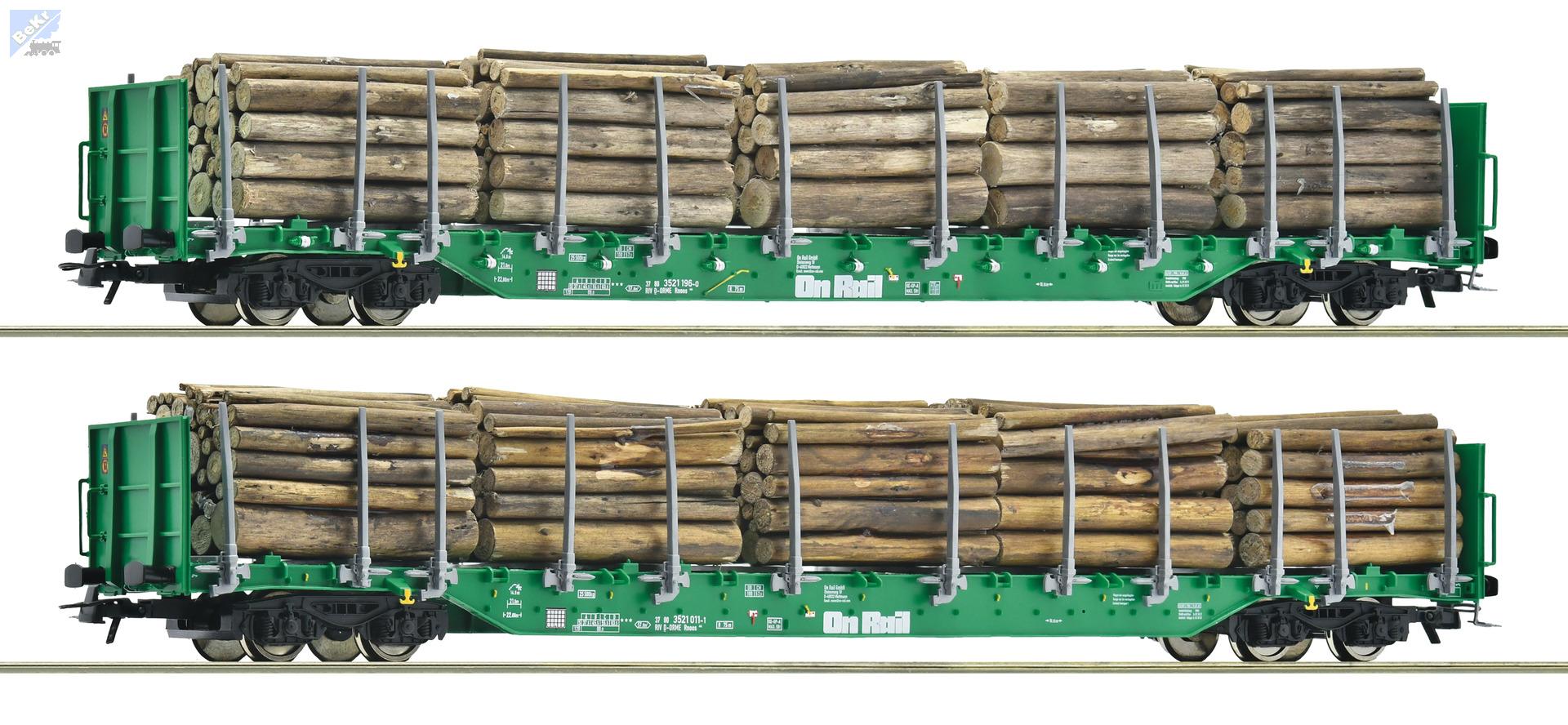 Roco 6600319 Set dvou 4-osých plošinových vozů Rnoos s vysokými čely a klanicemi  a nákladem kulatiny On Rail  D-DRME