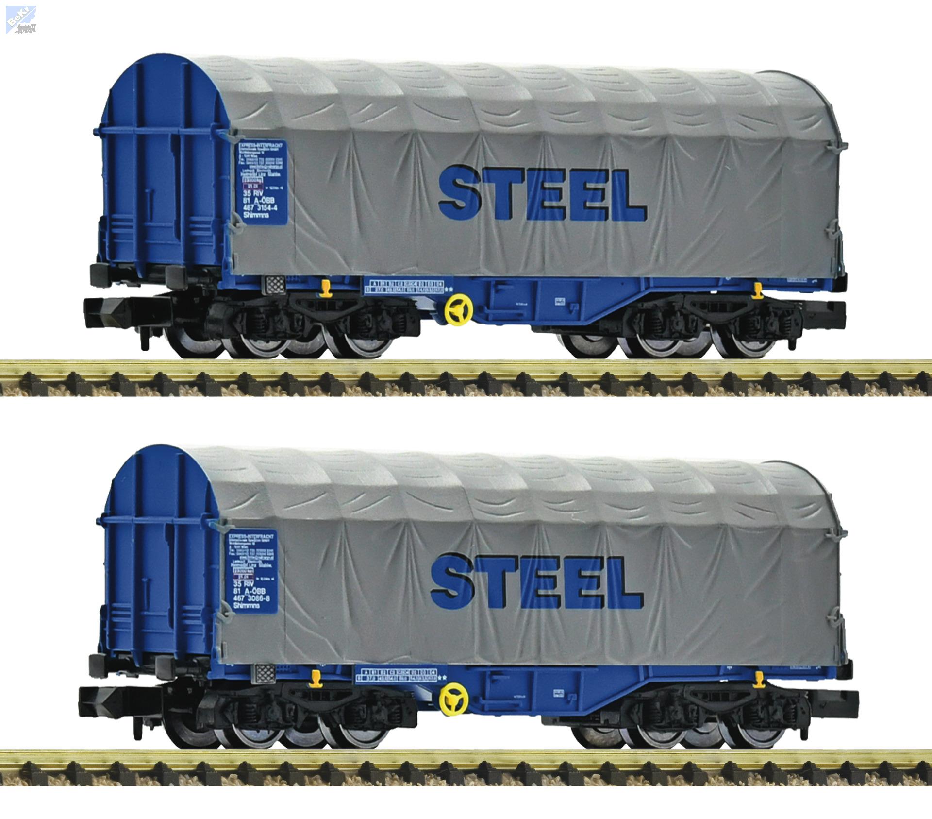 Fleischmann 6660173 Set dvou plachtových 4-osých vozů Shimmns s posuvnou plachtou STEEL