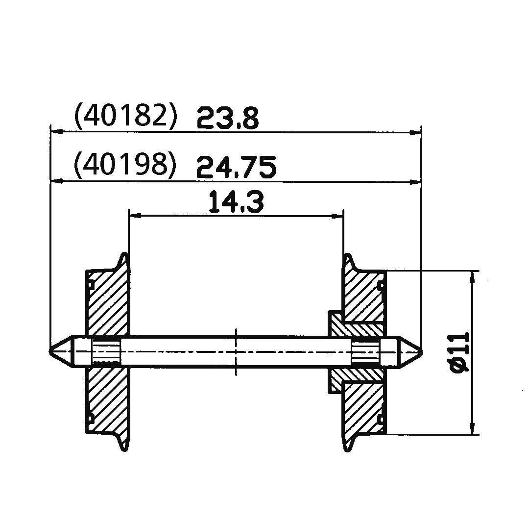 Roco 40198 Dvojkolí průměr 11mm, oska 24,75mm jednostranně izolované/2ks bal.