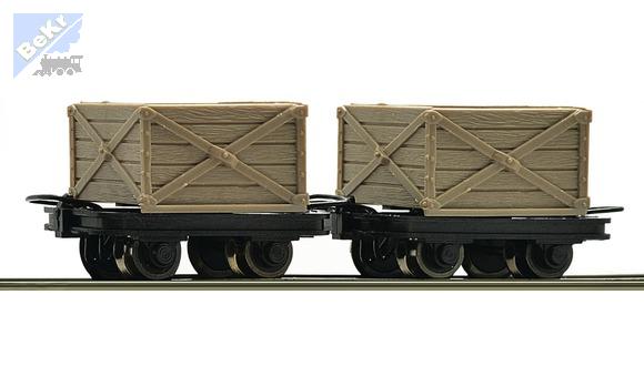 Roco 34603 Set dvou 2-osých plošinových vozů s dřevěnými bednami