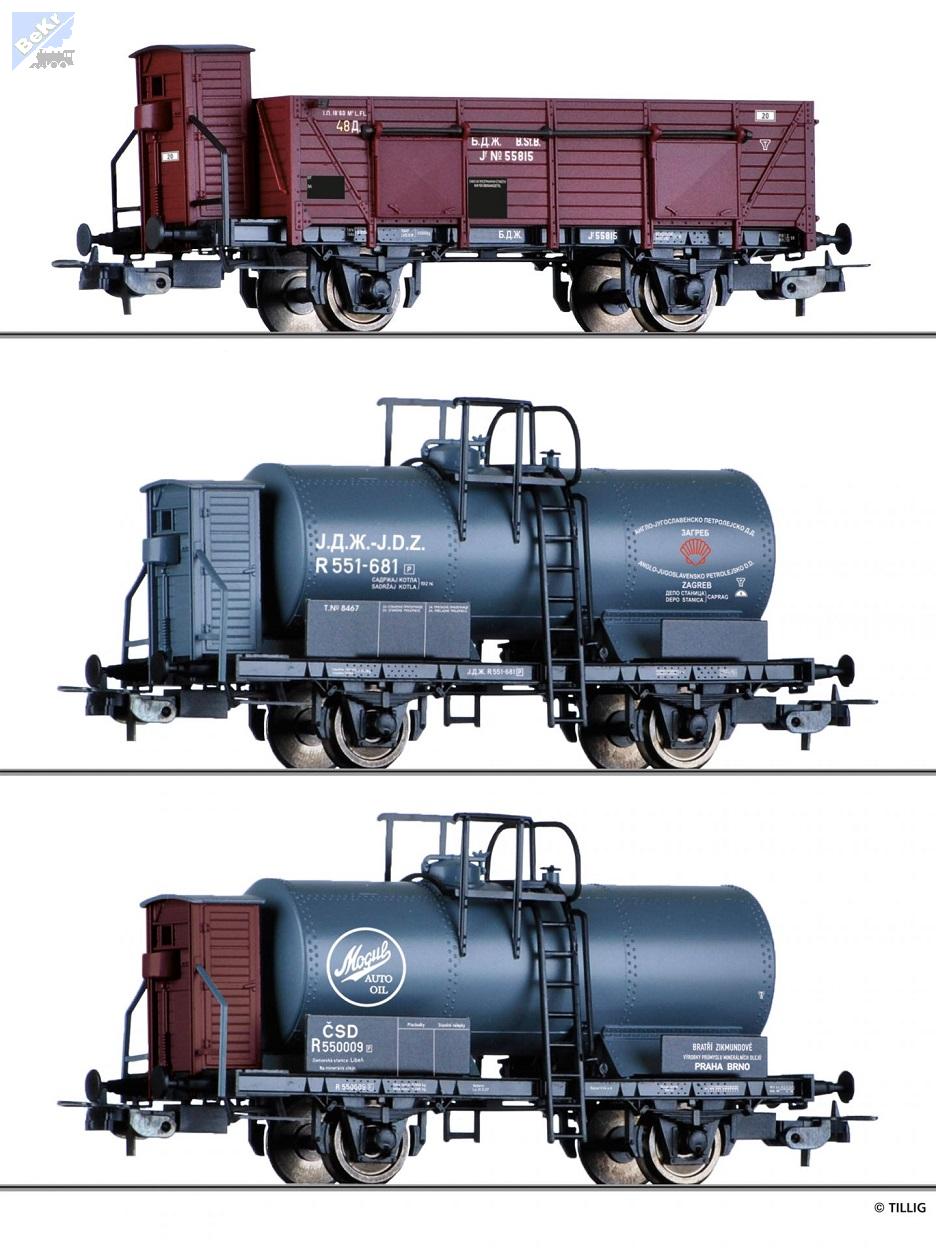 Tillig 70047 Set 3ks 2-osých vozů, 1x otevřený BDŽ, 1x cisterna R JDŽ, 1x cisterna R ČSD