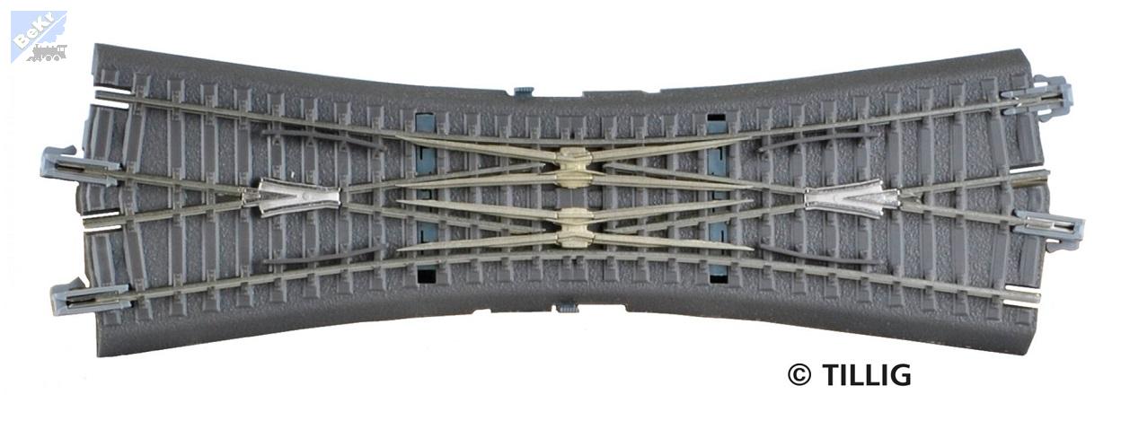Tillig 83791 DKV: Křižovatková výhybka angličan R310 mm/15°, délka 166 mm na dřevěných pražcích s podložím a vestavěnými motorickými přestavníky