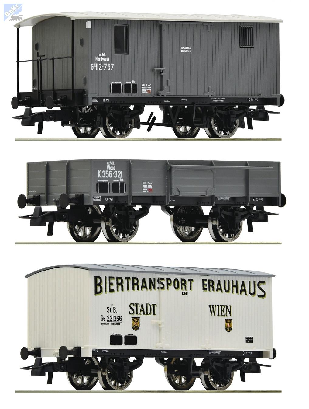 Roco 76037 Set tří 2-osých nákladních vozů k.k.St.B.