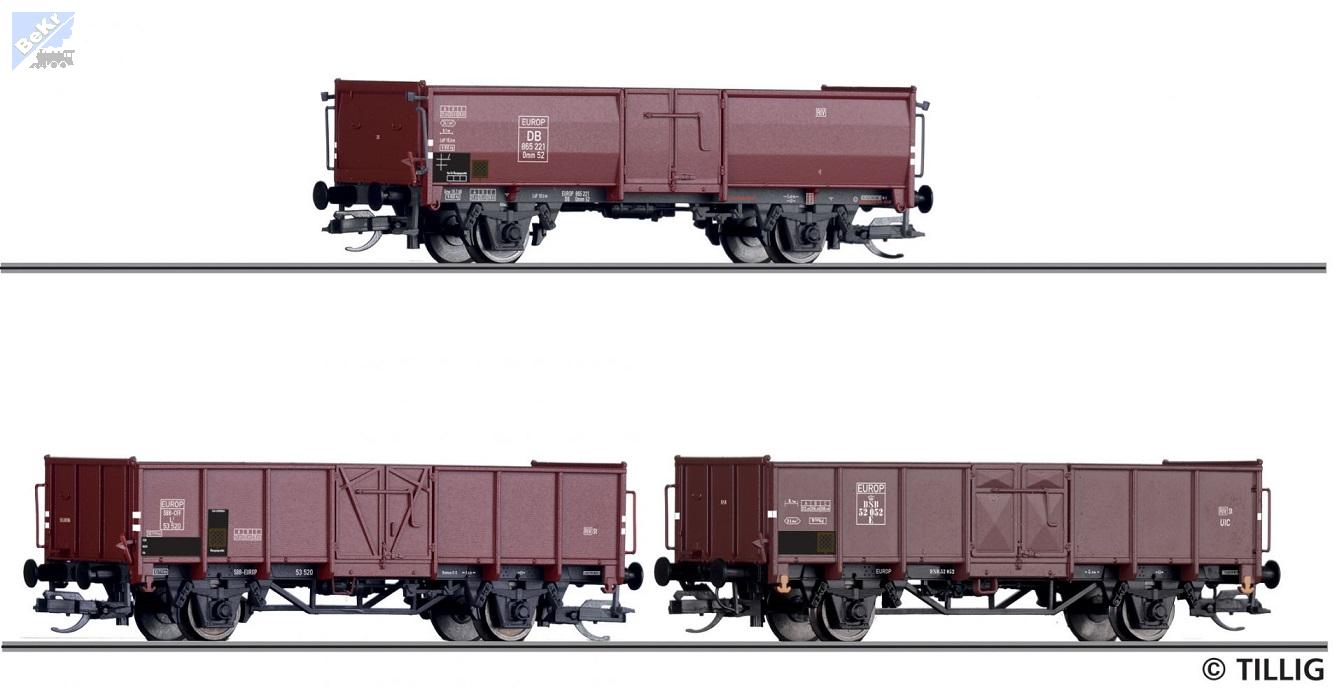 Tillig 01036 Set tří 2-osých otevřených vozů E DSB, L SBB-CFF, Omm52 DB   s nákladem uhlí DB, SBB a DSB EUROP