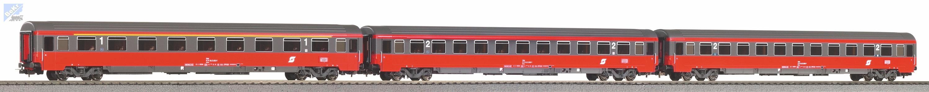 Piko 58225 Set tří osobních 4-osých vozů Eurofima 1x 1. tř. Amz, 2x 2. tř. Bmz ÖBB