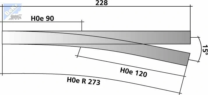 Tillig 85182 AZ Splitková výhybka H0-H0e na dřevěných pražcích levá, 15°, R 273 mm, délka 228